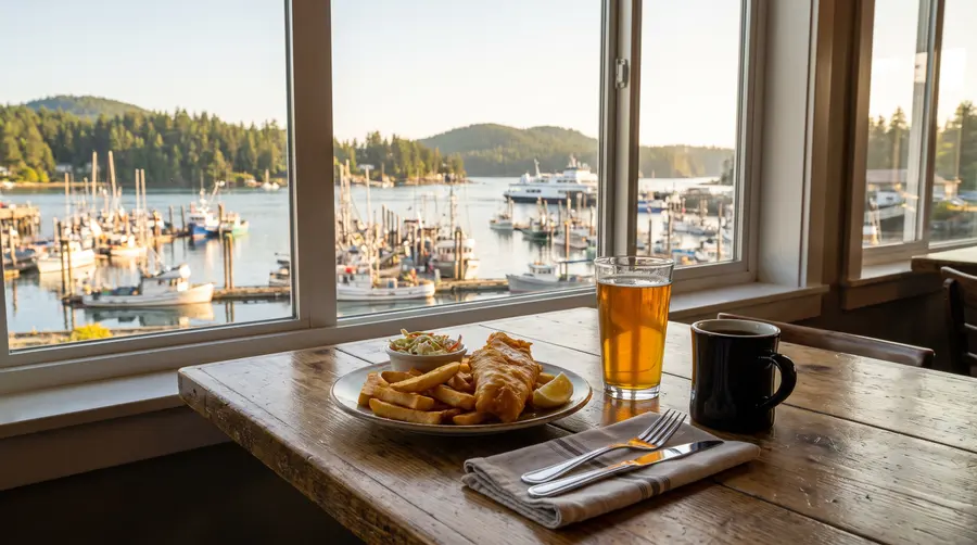 Generated scene: fish and chips, a pint and a coffee on a pub table by a window over a harbour; not a photograph of The Well.